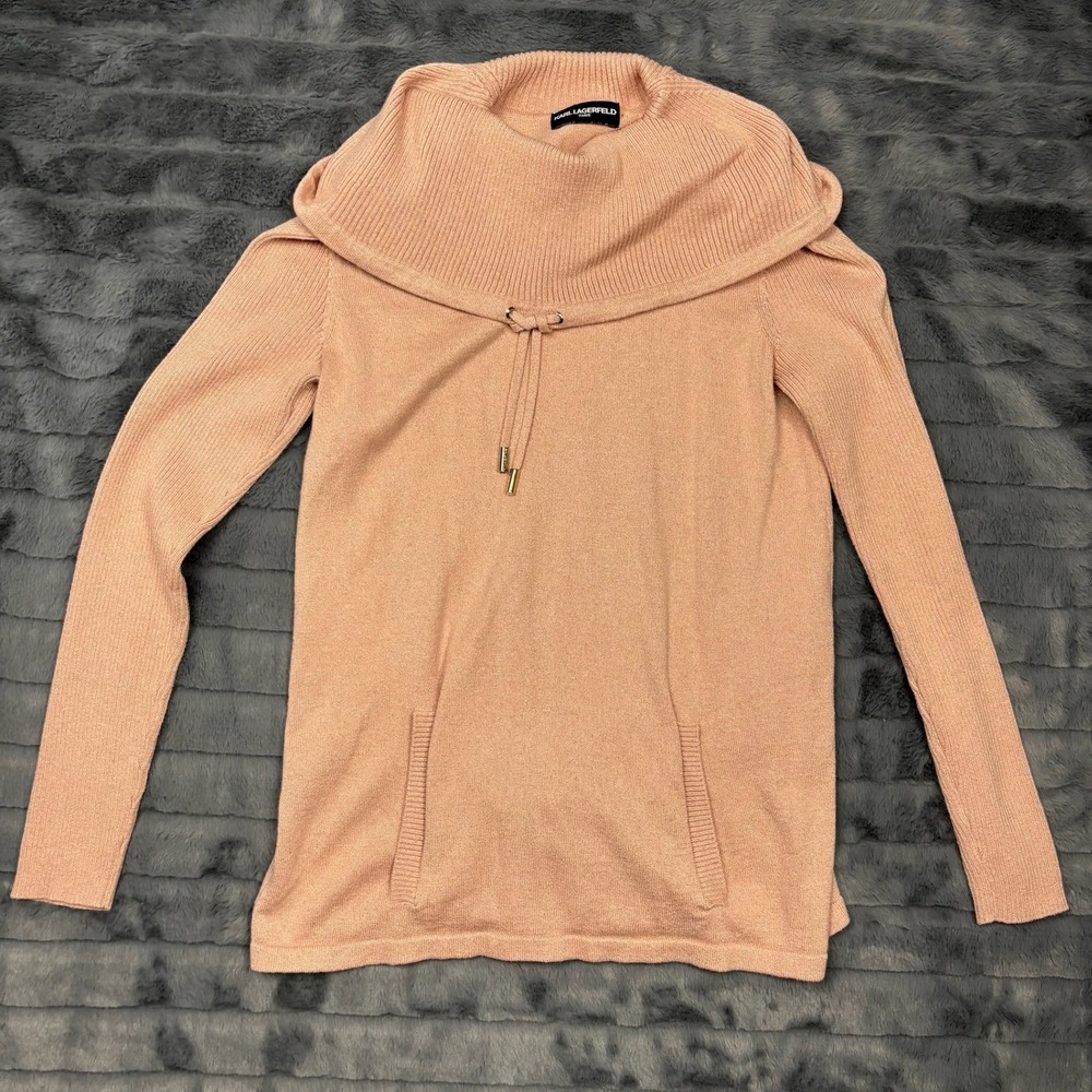 Karl Lagerfeld Paris Peach Pink Metallic Cowl Neck Sweater Kangaroo Pocket 8231